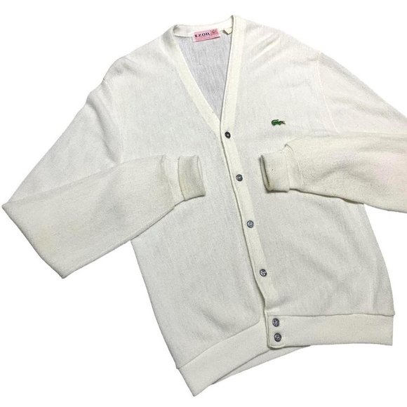80s Vintage Izod Lacoste USA Made White Knit Cardigan Sweater Men's Medium - Picture 2 of 4